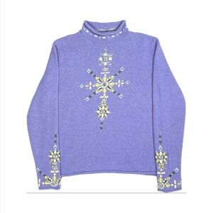Carson purple lambs wool angora floral embroidery mockneck sweater women large